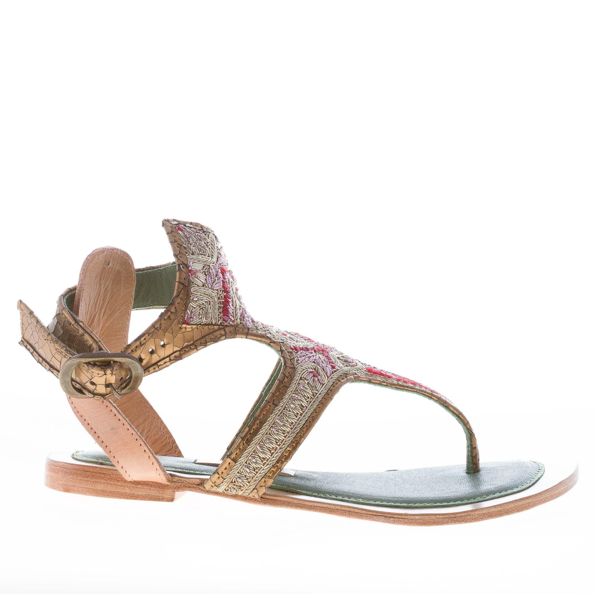 MEHER KAKALIA women shoes Gold leather thong sandal pink embroideries QUEENSOFIA