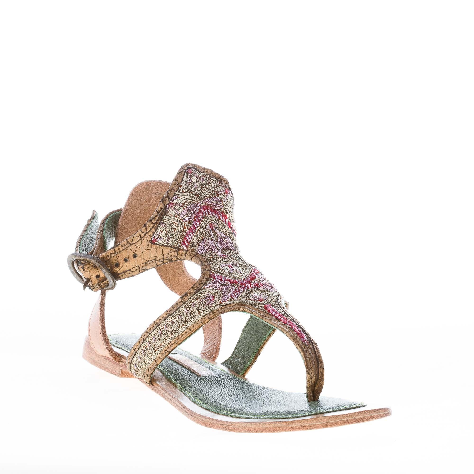 MEHER KAKALIA women shoes Gold leather thong sandal pink embroideries QUEENSOFIA