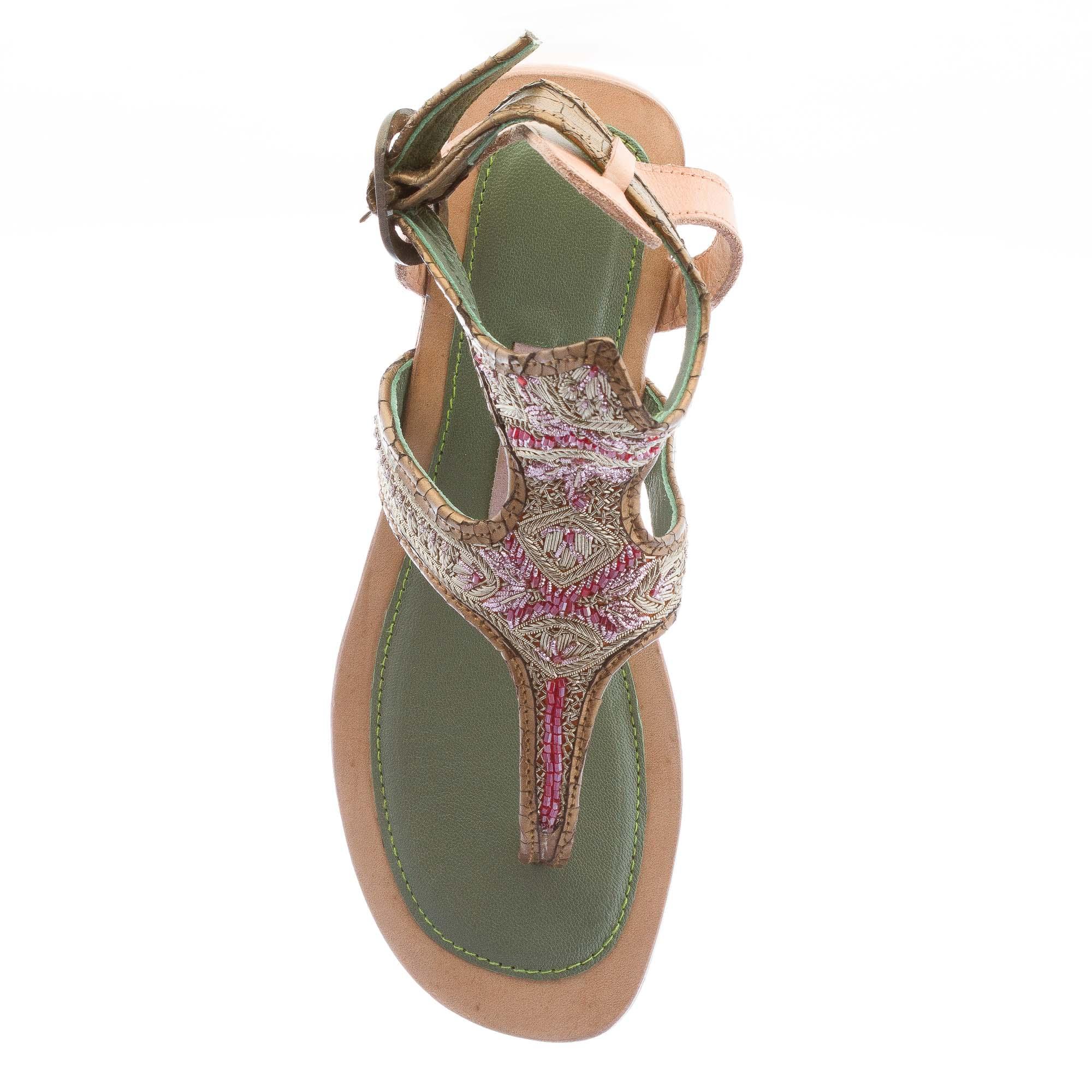 MEHER KAKALIA women shoes Gold leather thong sandal pink embroideries ...